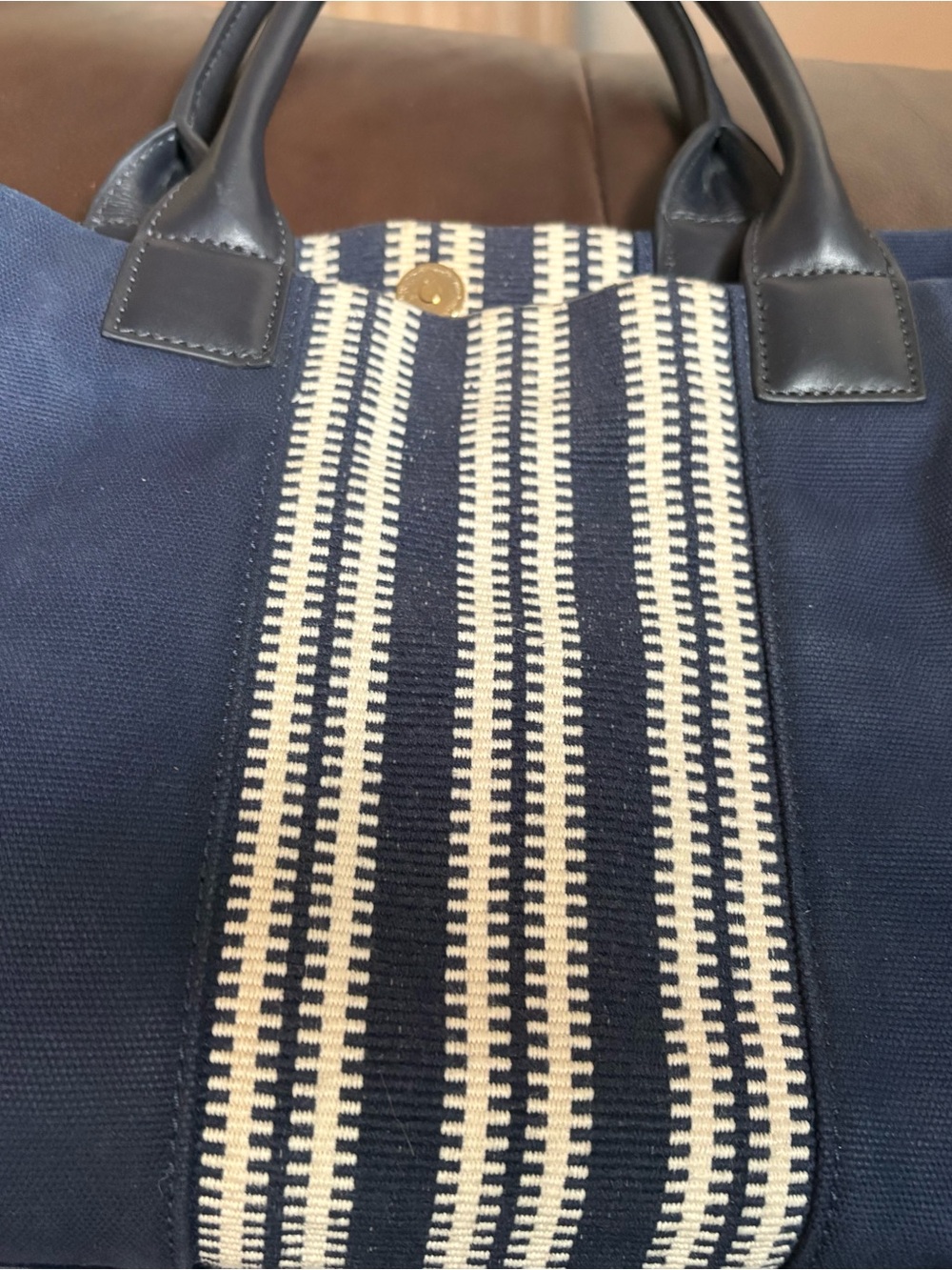Tory Burch Navy and Cream Striped Canvas Tote with Logo Medallion - Picture 3 of 5